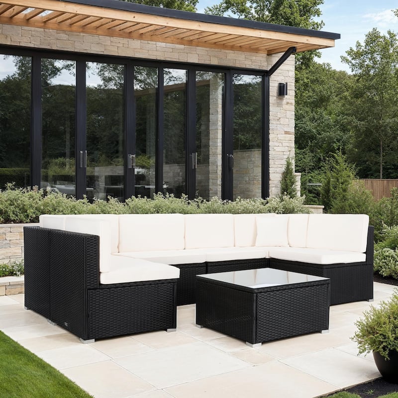 SAFAVIEH Outdoor Patio Furniture Angeles Sectional Seating Set with Glass Top Coffee Table - 23W x 26D x 26H - Black/White Cushions