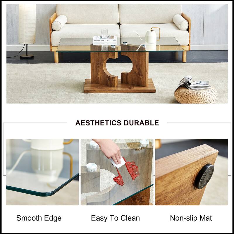 Rectangular Coffee Table with Tempered Glass Tabletop and White MDF Legs