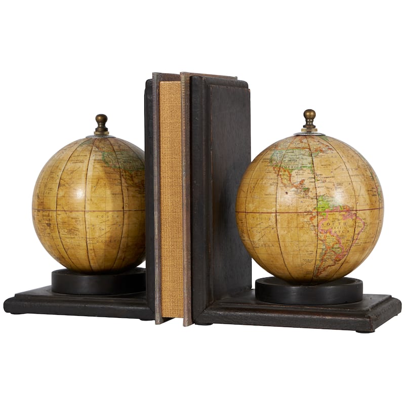 Wood World Map Globe Bookends - Set of 2 Brown - Roche River Decor - 5"W x 6"L x 8"H