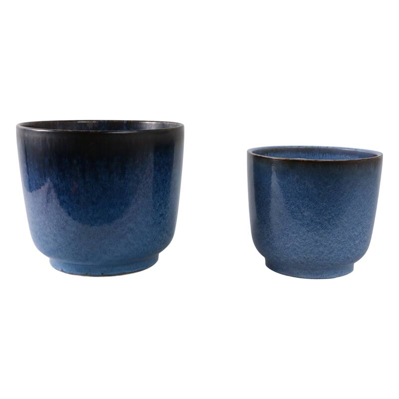 Stoneware Planters Drainage Holes and Glossy Glazed Finish (Set of 2) - 12" x 12" x 10" - Blue