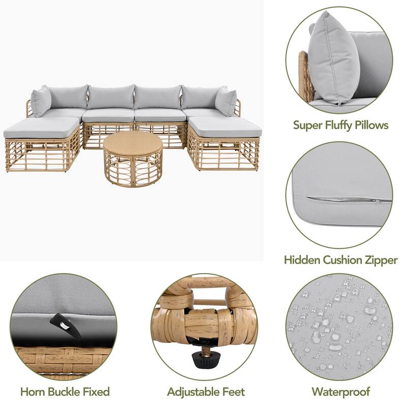 7-Pieces Patio All-Weather Rattan Sectional Sofa Set with Thick Cushions & Pillows