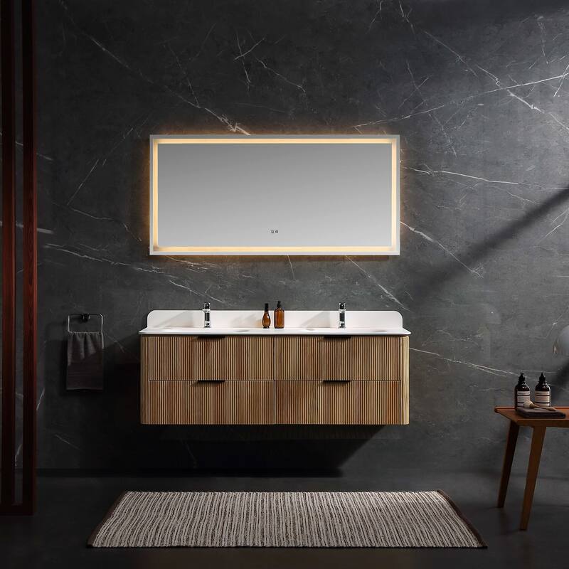 Modland 60" Natural Reeded Oak Wall-Mounted Double Sink Bathroom Vanity with Acrylic Top - Natural Oak