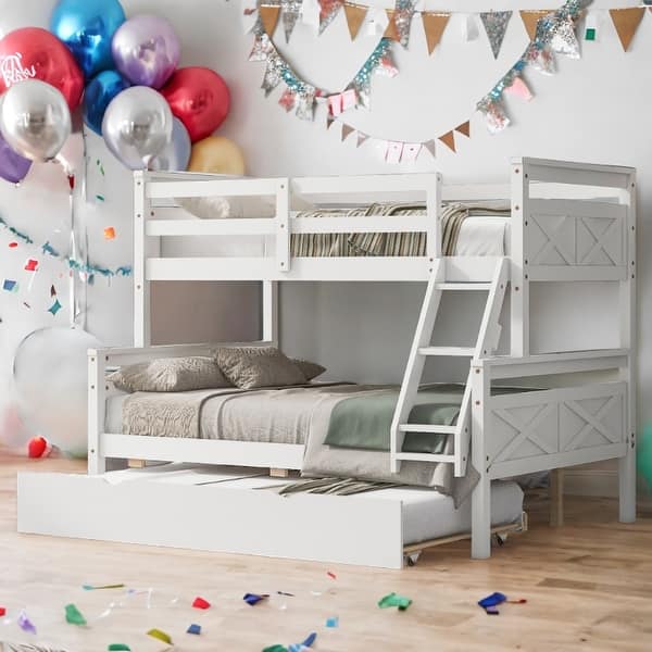 slide 2 of 31, Twin over Full Bunk Bed with Ladder, Twin Size Trundle,Box Spring Not Required White
