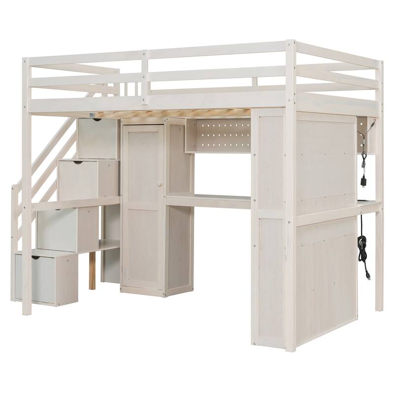 Full Loft Bed with Built-In Wardrobe & Study Desk - Space-Saving Frame with LED Lights & Shelves