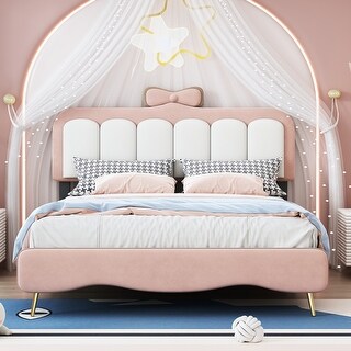 Full Velvet Princess Platform Bed with Bow Knot Headboard and Footboard