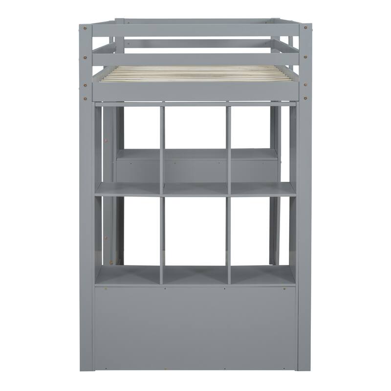 Twin Loft Bed with Shelves, Desk, and LED Light in Gray
