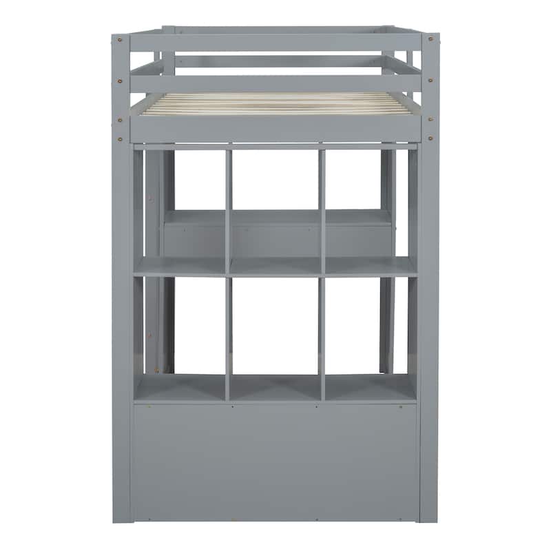 Twin Size Solid Wood Loft Bed with large shelves, writing desk and LED Light for Bedroom