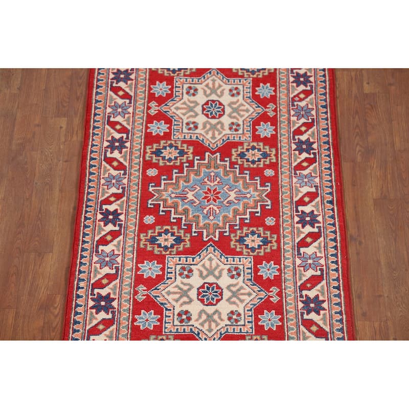 Red Geometric Kazak Oriental Runner Rug Hand-Knotted Wool Carpet - 2'8" x 9'7"