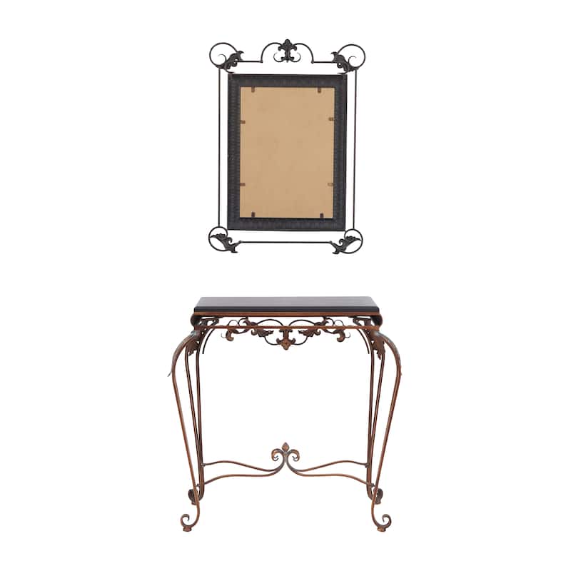 Bronze Metal Leaf Console Table with Mirror with Scrolled Legs (Set of 2) - 23 x 1 x 32