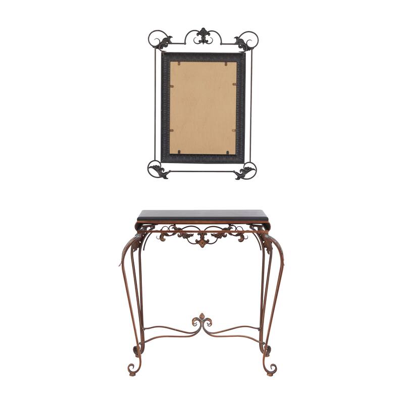 Metal Leaf Console Table with Mirror with Scrolled Legs - Set of 2 Bronze - Roche River Decor - 1"W x 23"L x 32"H