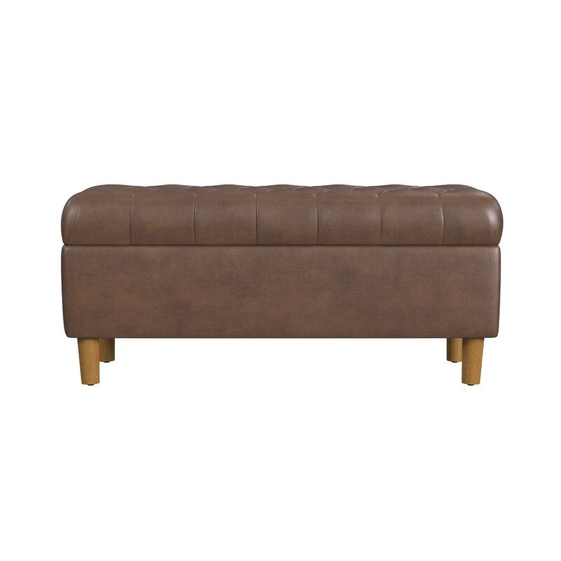 Sol Storage Bench Ottoman, Brown Faux Leather and Hardwood, 36 Inch