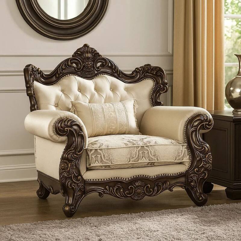 Puhi Accent Armchair w Lumbar Pillow, Beige Fabric, Ornate Carved Wood