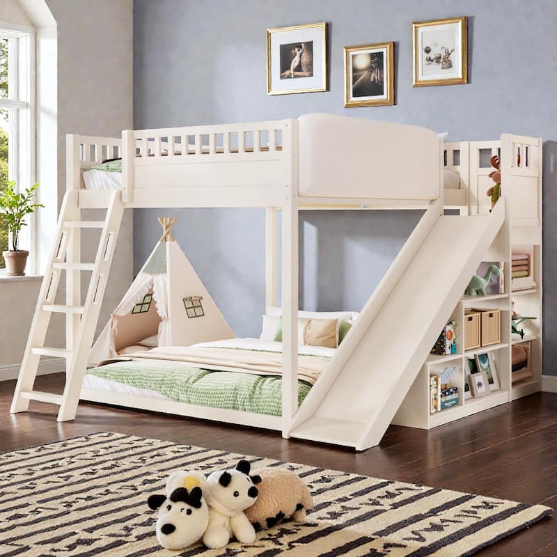 Loft Bed with Upholstered Headboard, Storage Shelves, Ladder and Slide, Solid Wood Frame