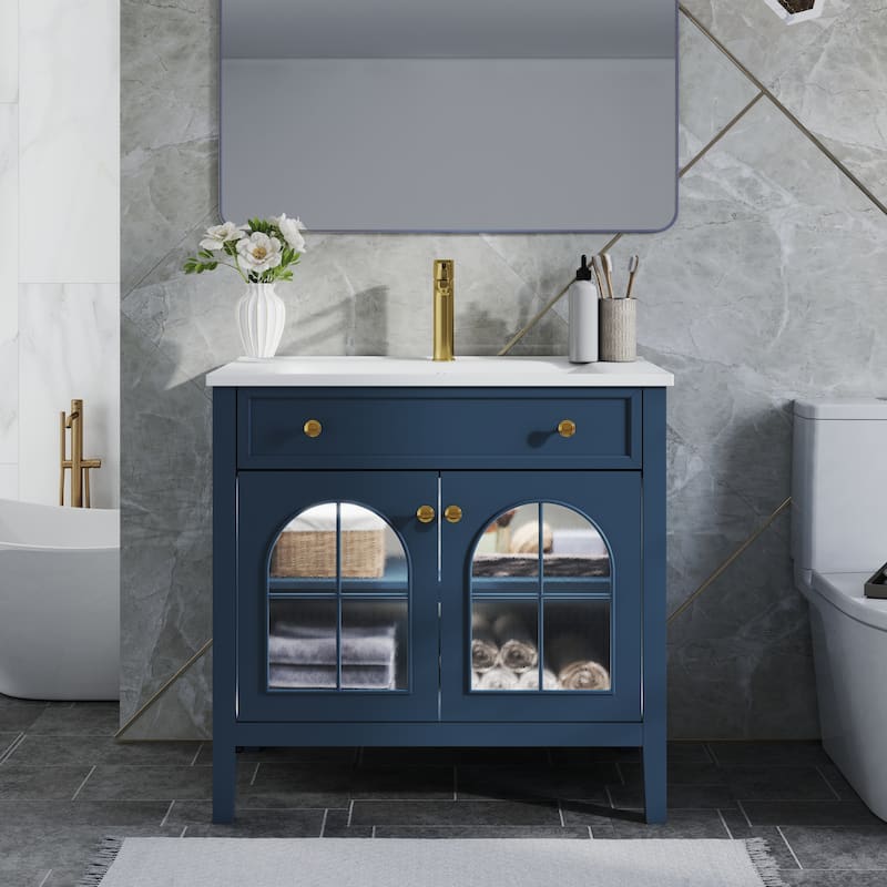 35.6-Inch Mid-Century Bathroom Vanity Sink with Patterned Glass & Motion-Sensor Light, Farmhouse Storage Vanity