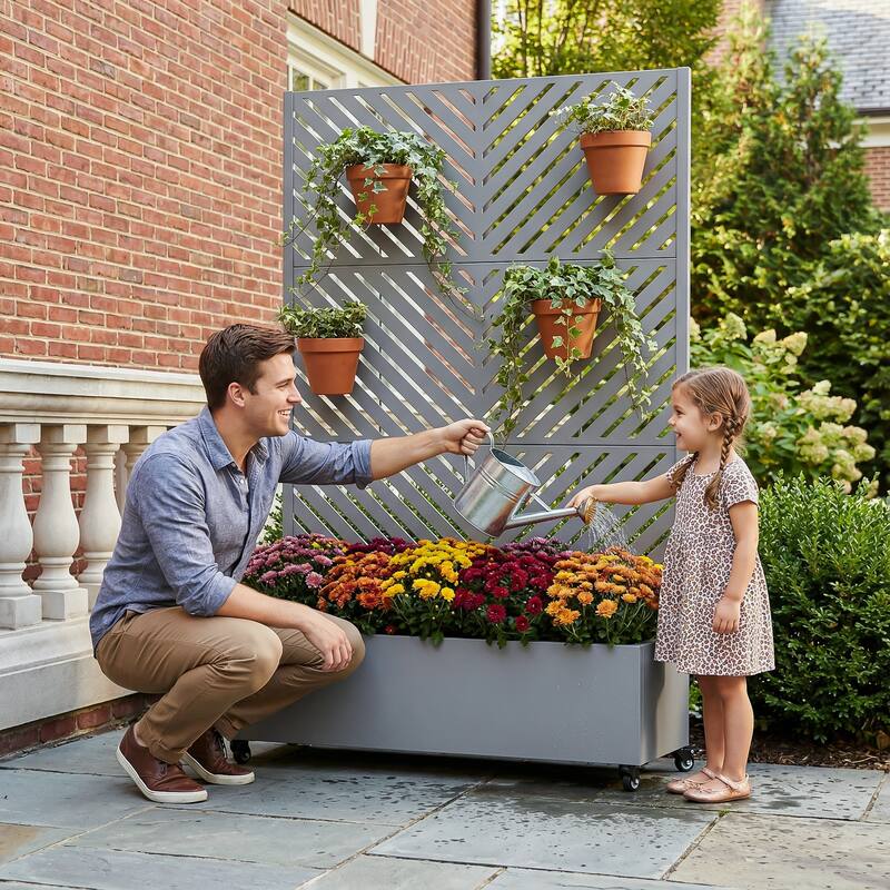 Raised Garden Bed Planter with Trellis Movable Planter Box with Lockable Wheels - 72*47 - Grey