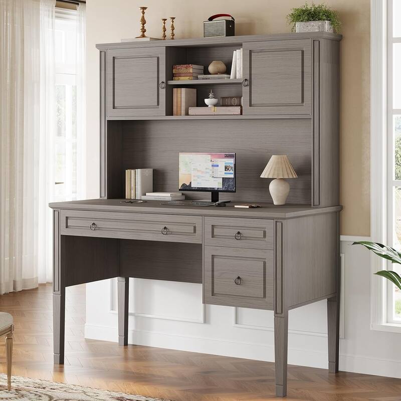 Farmhouse Executive L Shaped Desk Home Office Desk with Drawers and Storage Cabinet & Power Outlet - 47.3" - Grey