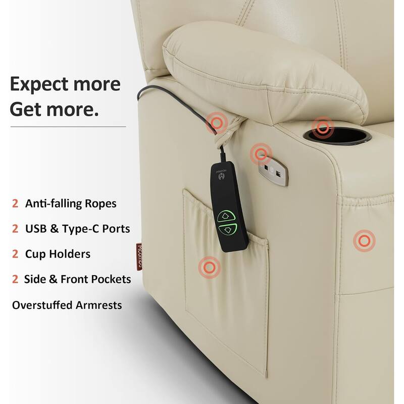 MCombo Large-Wide Power Lift Recliner Chair Sofa with Massage and Heat for Elderly People, Faux Leather R7510