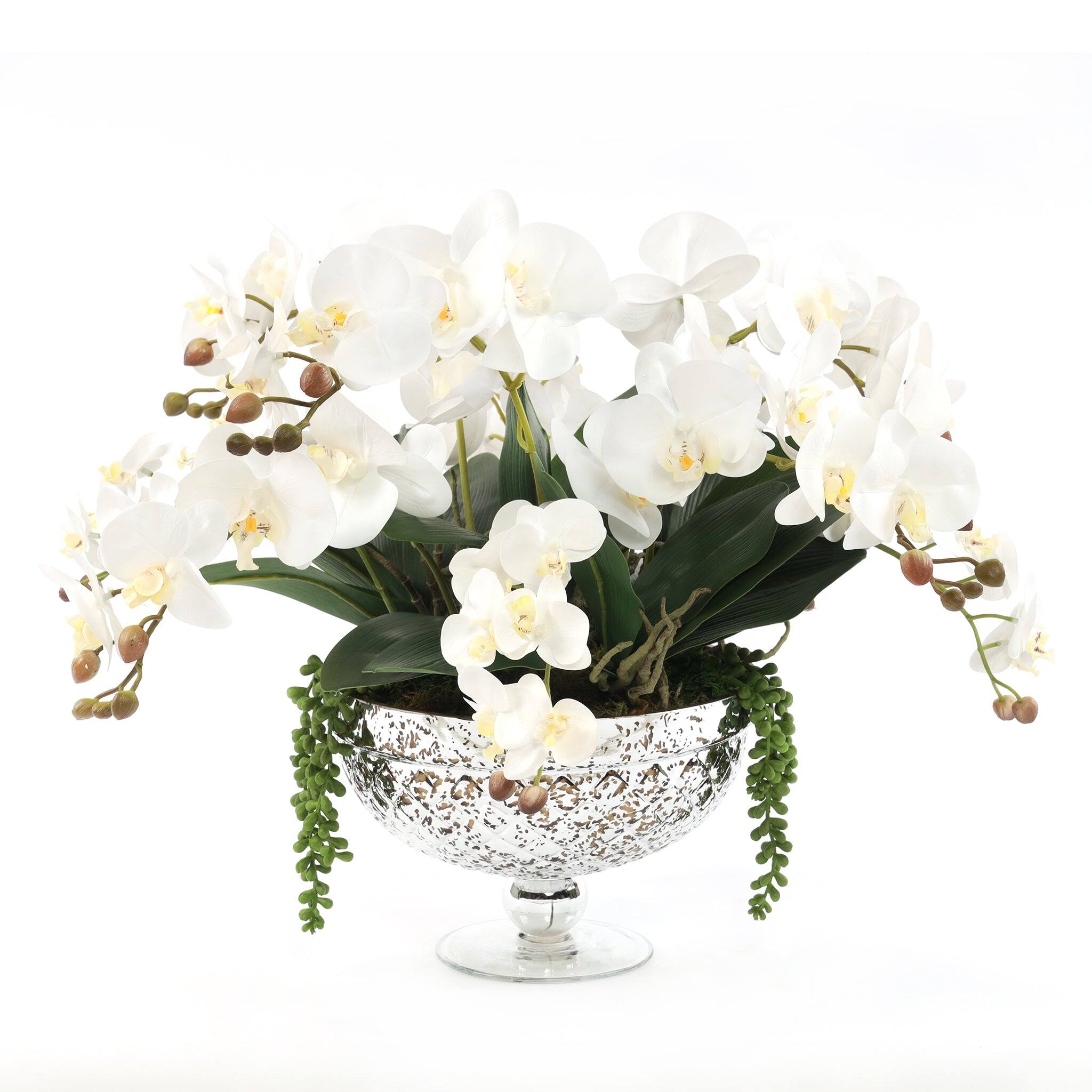 Faux White Orchid Arrangement in Antique Silver Glass Vase Bed Bath