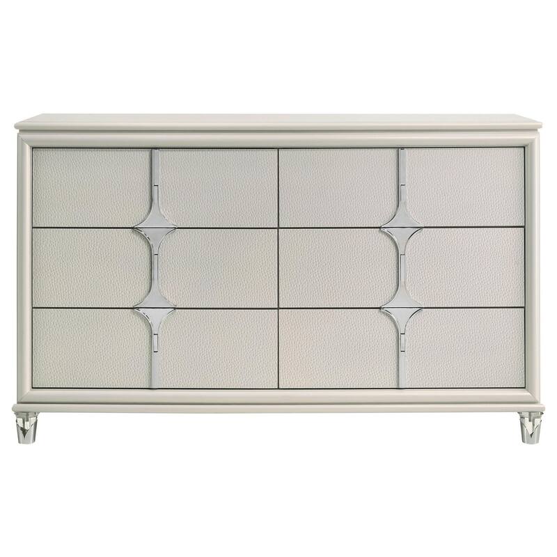 Ory Wide Dresser w 6 Drawers, Chrome Star Handle, Pearl Ivory Wood