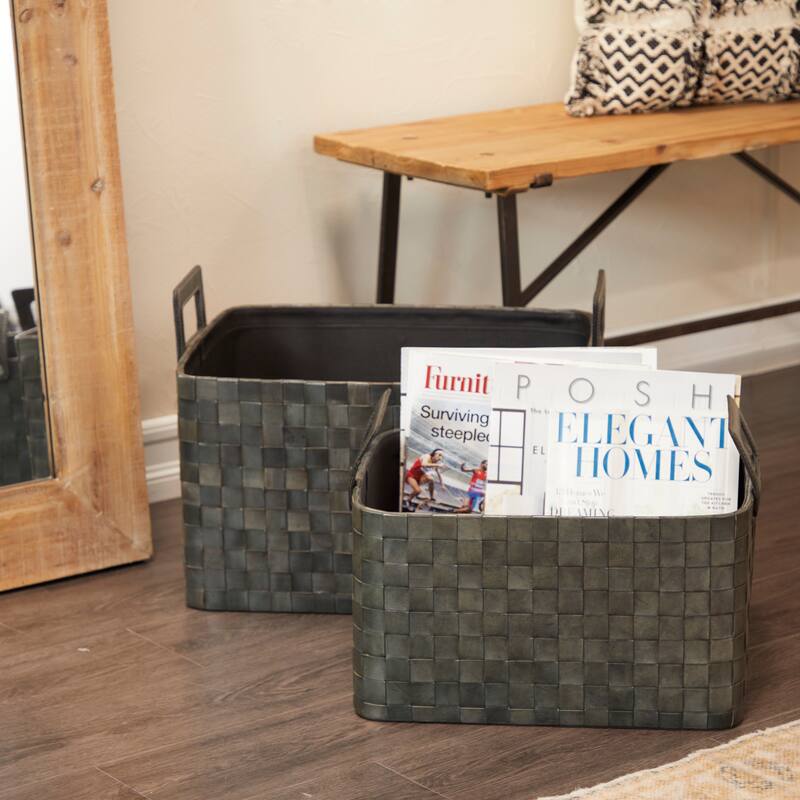 Sleek Leather Modern Storage Basket with Handles (Set of 2) - Dark Blue or Brown