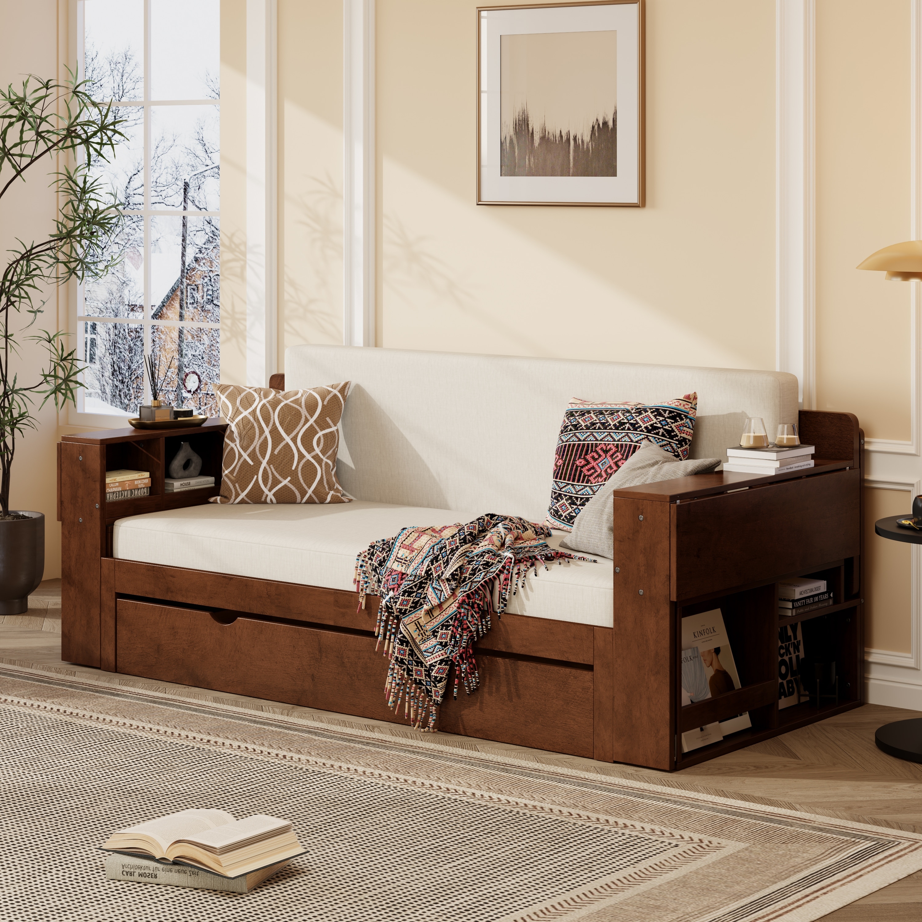 Queen Size Daybed with Removable Desk, Storage Drawers & Hydraulic Side Table