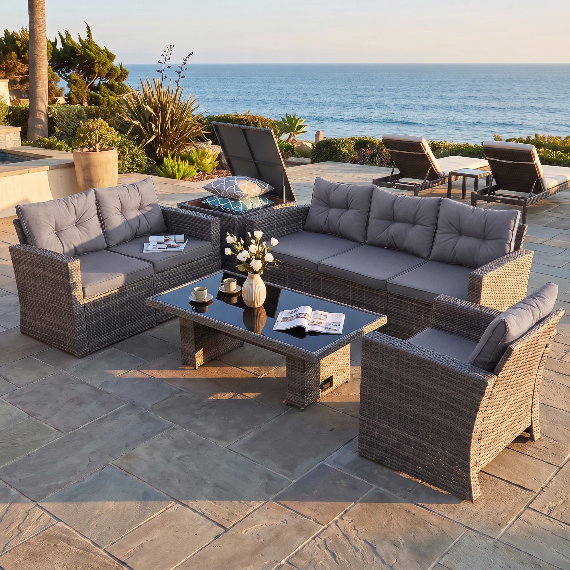 Outdoor PE Wicker Conversation Set with Lift-Top Coffee Table, Independent Storage Box & Polyester Cushions
