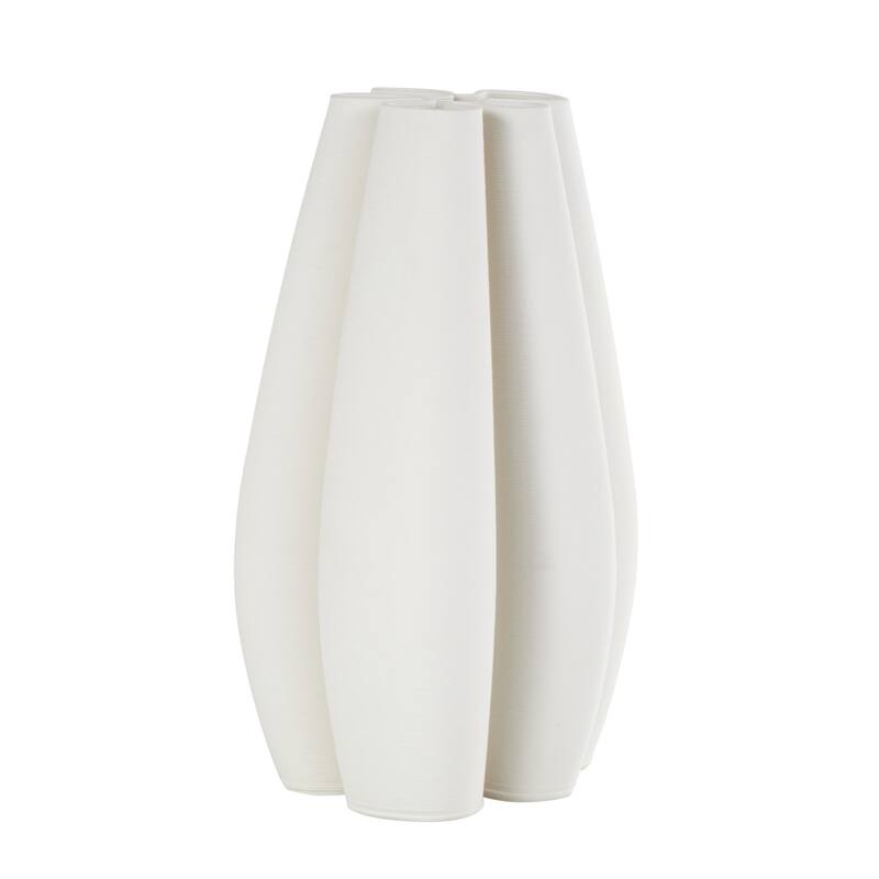 White Ceramic Ribbed Dimensional Concaved Abstract Vase with Floral Shaped Rim