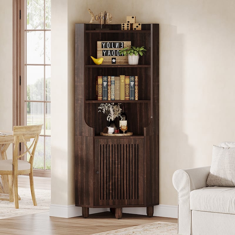 6-Tier Rustic Corner Cabinet with Doors - Brown