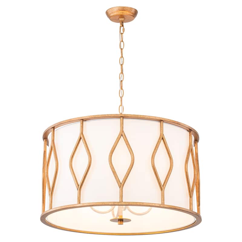 4-Light Industrial Farmhouse Antique Gold Drum Pendant Light with White Fabric Shade - 23.62 in. W x 16.54 in. H