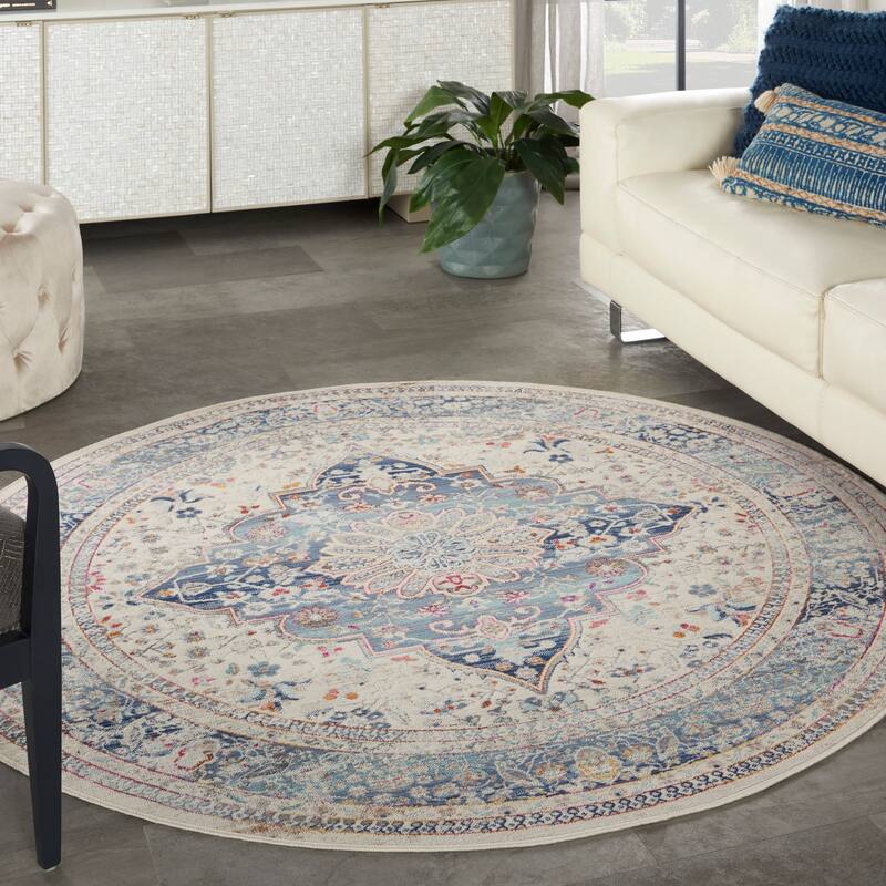 Nourison Vintage Kashan Persian Medallion Area Rug - 6' Round - Ivory Blue - Round