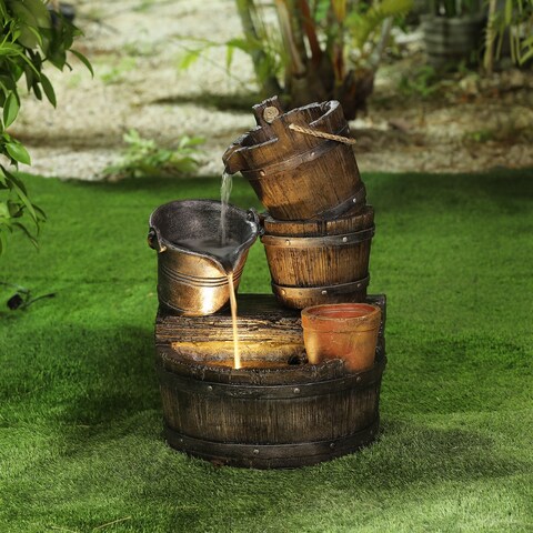 Resin Brown Farmhouse Barrel and Buckets Outdoor Fountain with Planter and LED Lights by Havenside Home