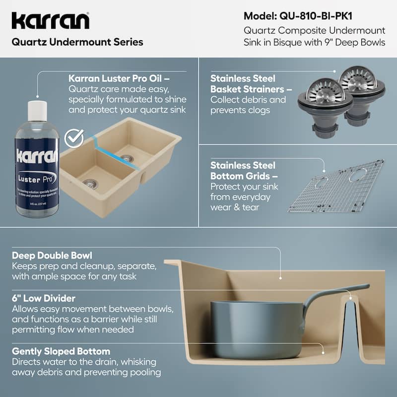 Karran 32" Undermount Double Equal Bowl Quartz Kitchen Sink Kit - 32" x 19.5" x 9"