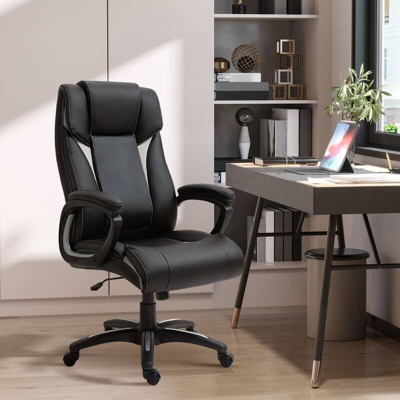 Black Ergonomic Office Chair with Mesh Back, PU Leather Accents, and Rocking Function - 26.25" W x 28" D x 44.25" - 47.25" H