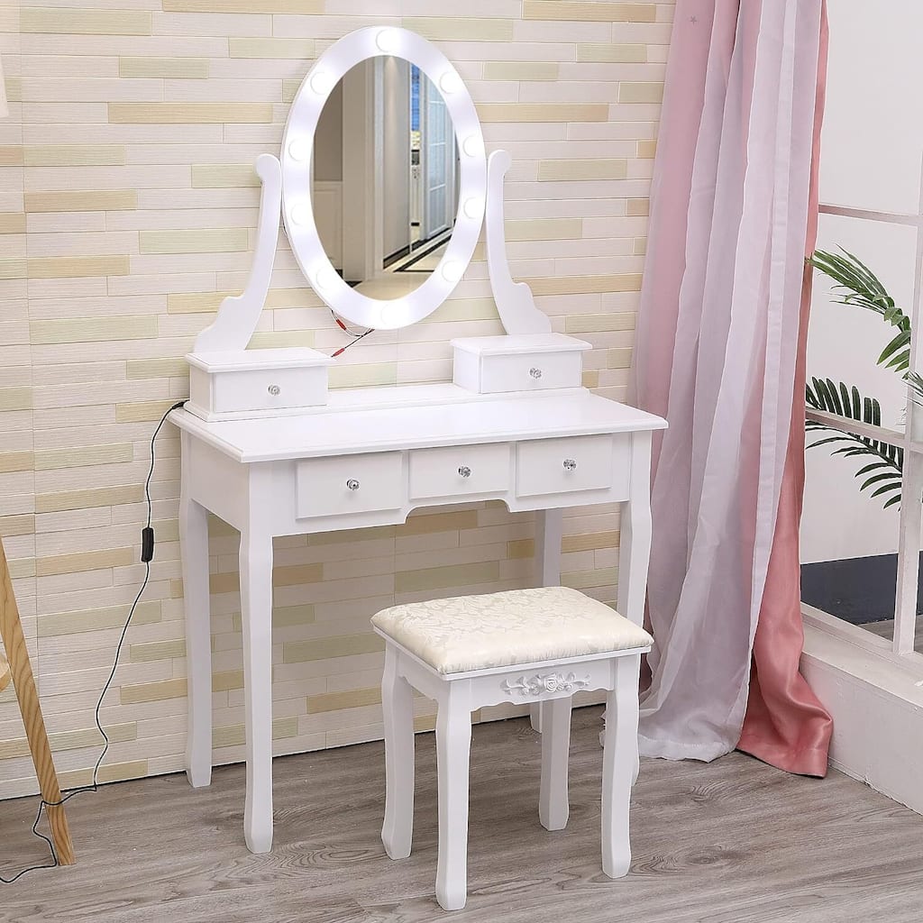 Vanity Desk with Mirror and Lights with 5 Large Drawers - White
