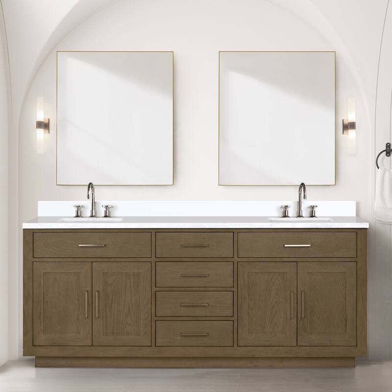 Abbey 60 in W x 22 in D Black Oak Double Bath Vanity, White Quartz Top, Faucet Set, and 28 in Mirrors