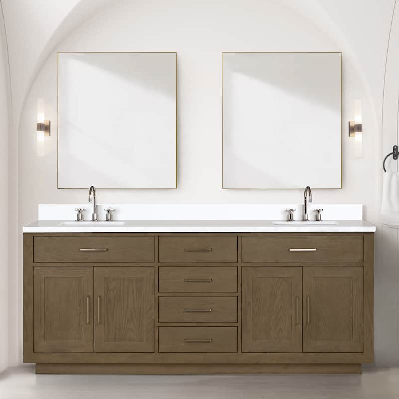 Abbey 60 in W x 22 in D Black Oak Double Bath Vanity, White Quartz Top, and 28 in Mirrors