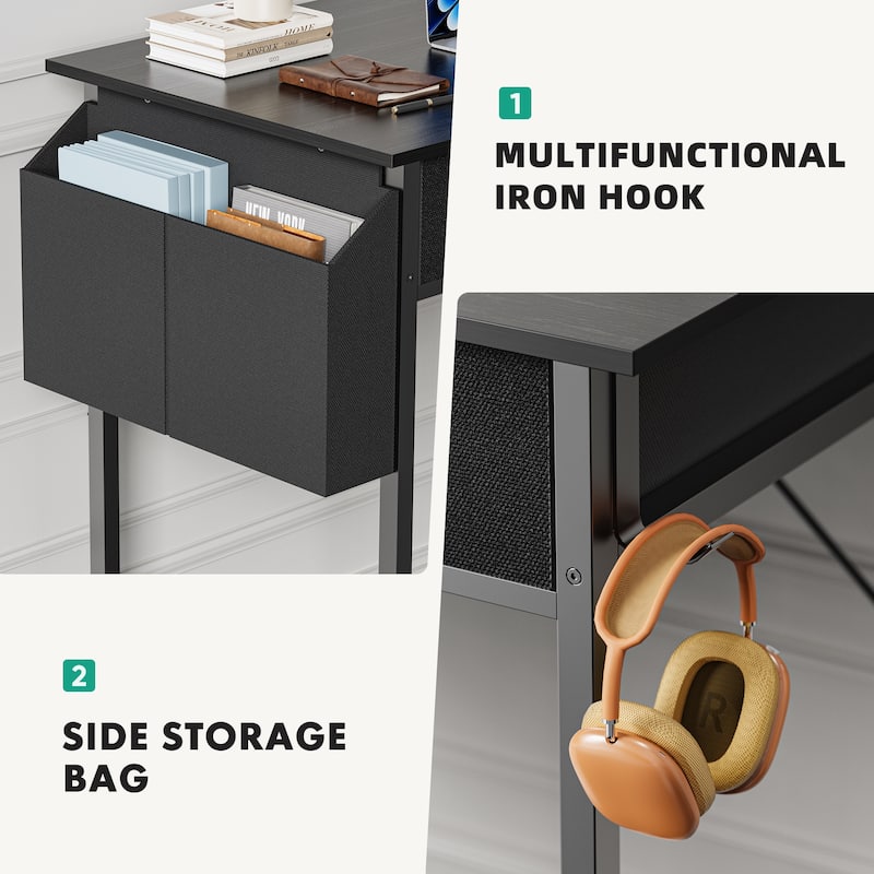 Computer Desk - Features Storage, Fabric Bag, Headphone Hook