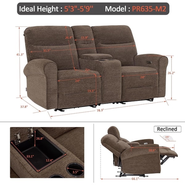 dimension image slide 10 of 16, MCombo 64.6" Wall Hugger Power Loveseat Fabric Recliner Sofa with USB Ports