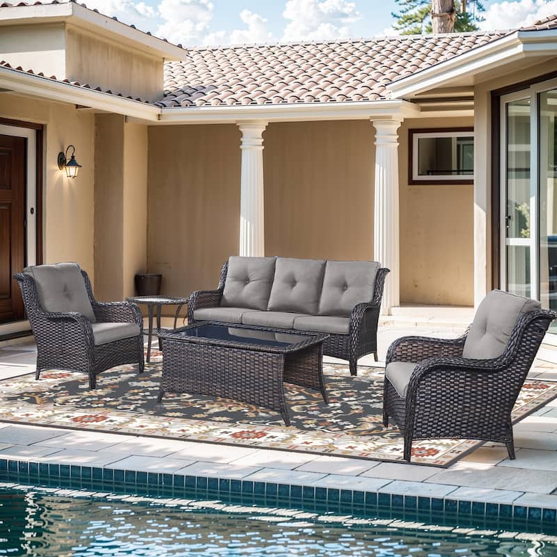 Pocassy Outdoor Patio Sofa Chairs with Coffee Table - 5 Pieces 3-Seat Sofa Patio Chair with Table - Brown Rattan Grey Cushion