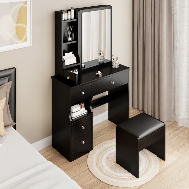 Wooden Makeup Vanity Table with Cushioned Stool