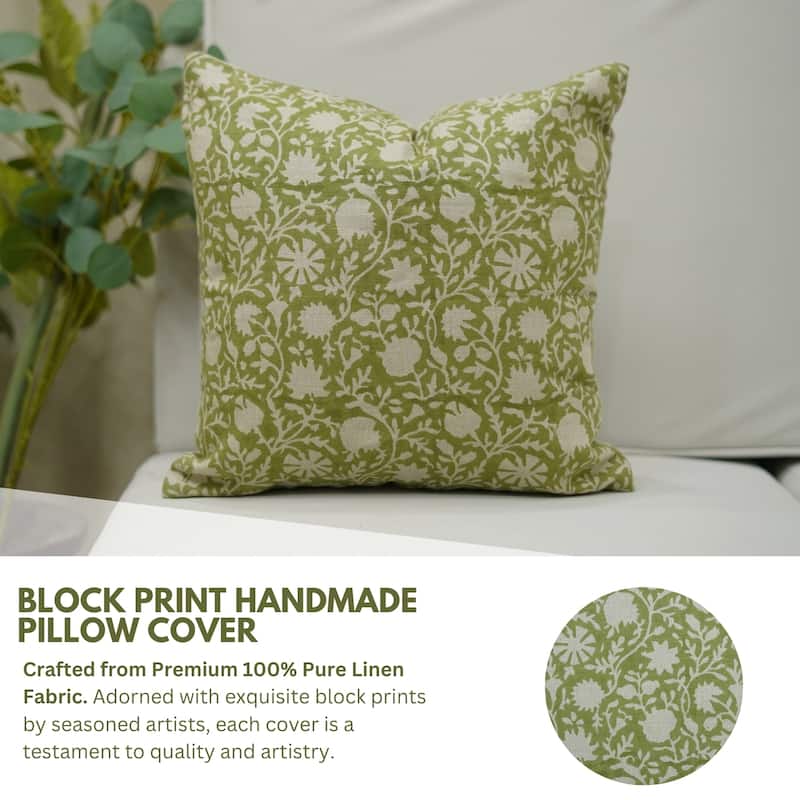 Fabdivine 12x20 Handmade Pure Linen Cushion Cover Floral Mustard Ideal for Sofa, Floral Block Print, Accent Décor, Bagru Buti