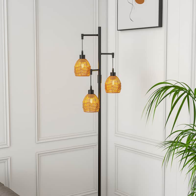 65" 3-Light Metal Floor Lamp With Rattan Cage Shades