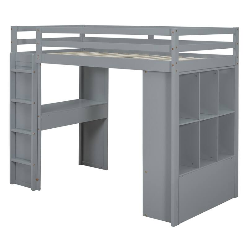 Twin Size Loft Bed with large shelves, writing desk and LED Light