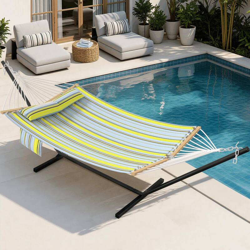 EROMMY Modern Portable Hammock, Hand-Woven Ropes, Anti-Tipping Design for Backyards, Beaches & Campsites - With Stand - Green Stripes