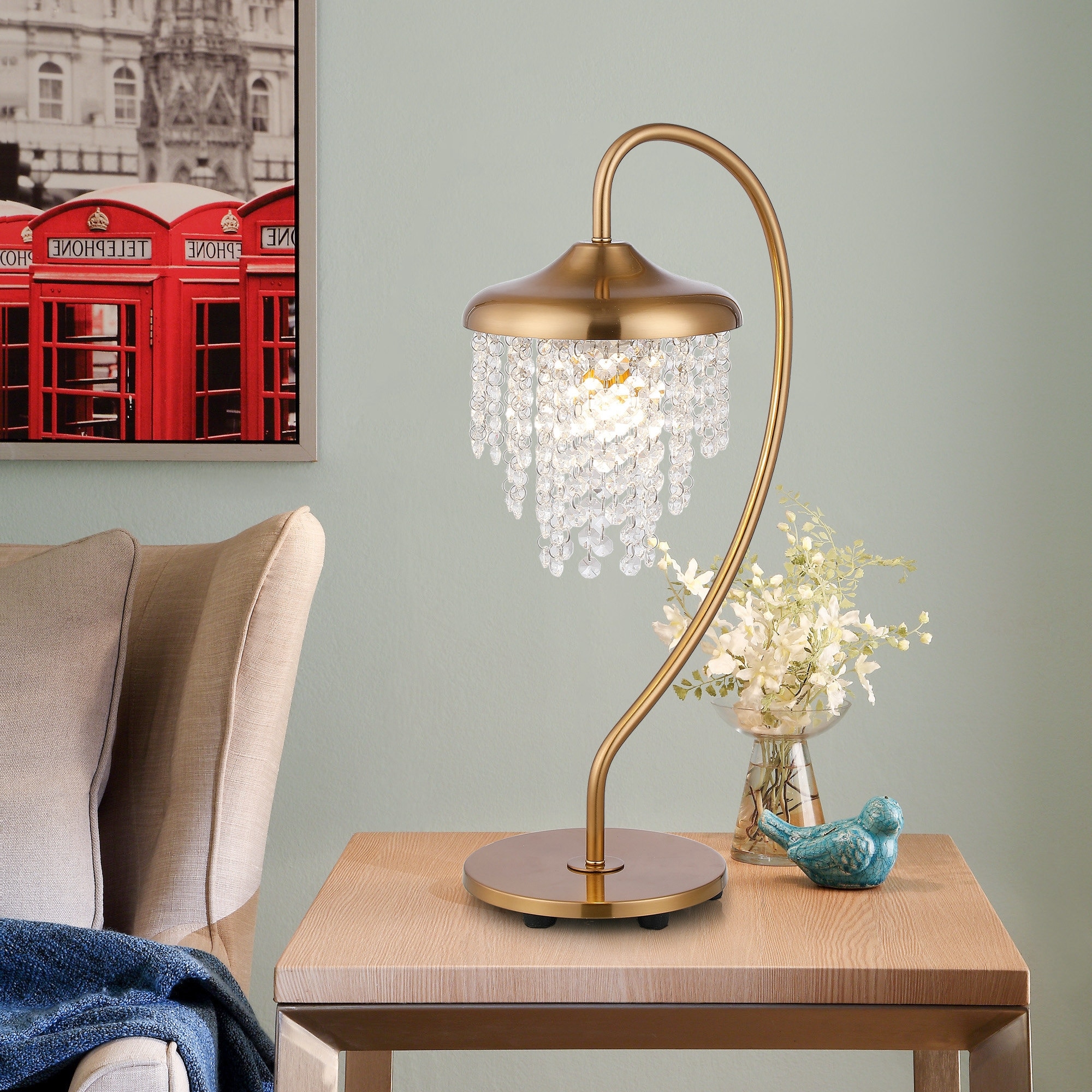 21" Modern Plating Bronze Crystal Table Lamp for Bedroom and Office