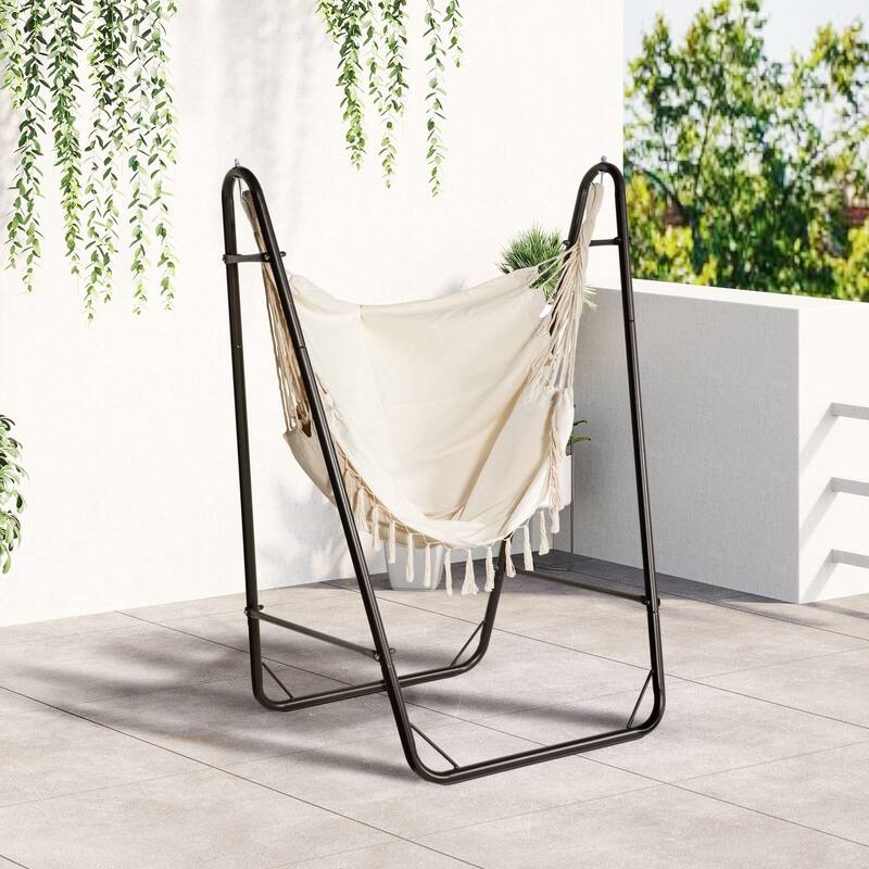 Patio Hammock Chair with U Shape Stand, Outdoor Swing Chair Hanging Chair Lounge Chair with Side Pocket - White