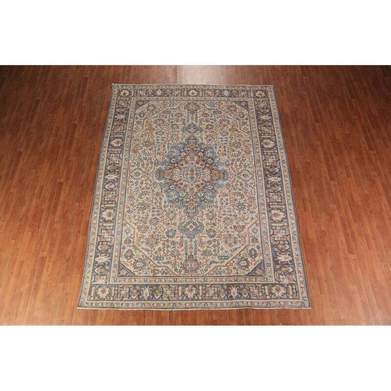 Geometric Tabriz Persian Rug Handmade Beige Oriental Wool Carpet - 8'4"x 11'0"