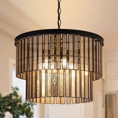 Tifany Mid-Century Modern 4-Light Colored Textured Glass 2-tired Black Chandelier for Dining Room - D 18.1" x H 14.6"