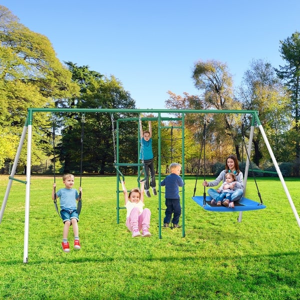 slide 2 of 8, 5 IN 1 Metal Swing Sets for Backyard with 2 Swings, Climbing Net, Trapeze Bar