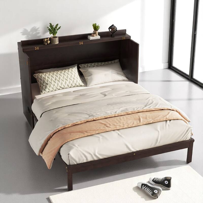 Space-Saving Queen Murphy Bed with Rattan Decoration, Power Station & Large Drawer